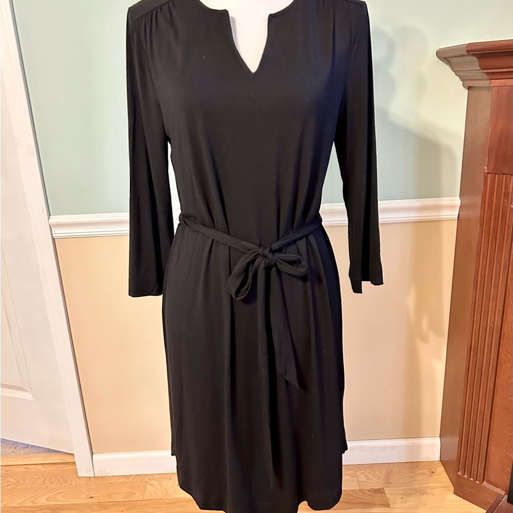 Cynthia Rowley Black Dress Rayon Spandex Knit  3/4 Length Sleeve V Notch Neck  L